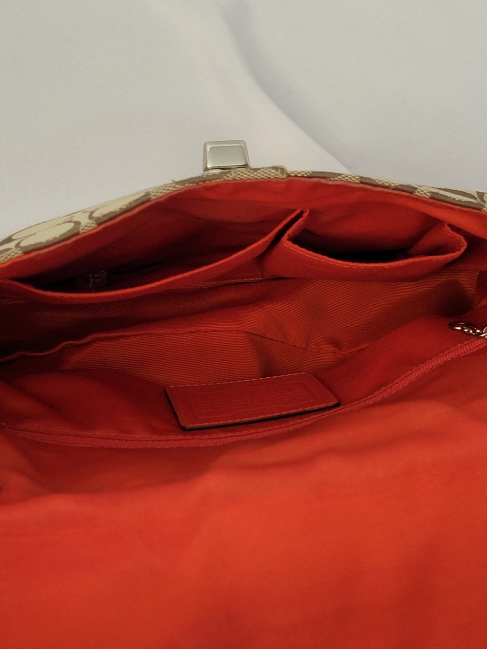 Coach Signature Canvas Crossbody in Tan and Orange Trim - Picture 14 of 15